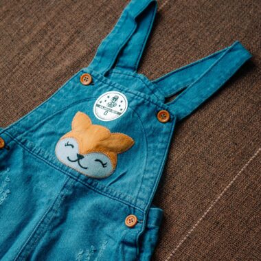 Charming baby blue dungarees featuring an adorable fox patch, perfect for stylish kids' fashion.